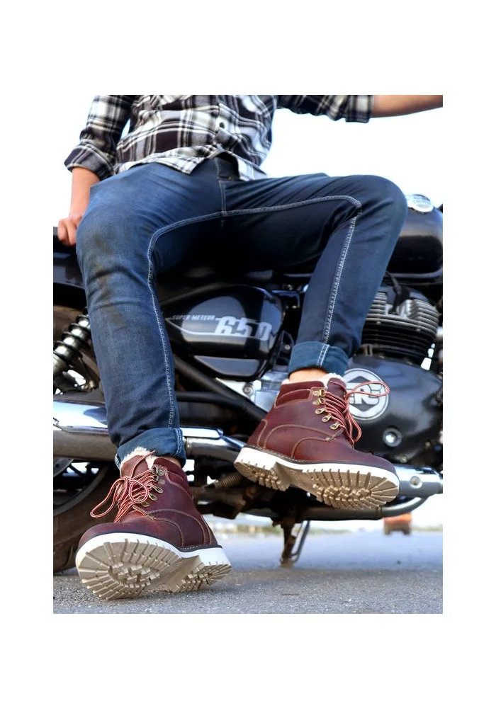 Bacca Bucci Maroon Moscow Leather Biker Boots with Fur for Hiking for Men | Best Price UAE